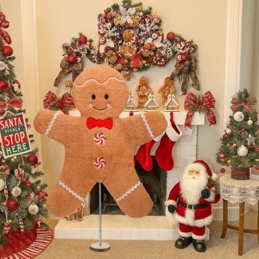 Imagem de Wesiti 30 Inch Large Christmas Plush Gingerbread Man Figures with Bow Tie Xmas Candy Soft Gingerbread Doll Ornament with Wooden Stand for Home Table Fireplace Christmas Holiday Party Decoration