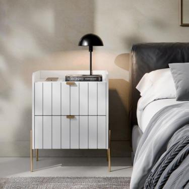 Imagem de mesa de cabeceira em madeira mdf branca laqueada frente riscada moriah