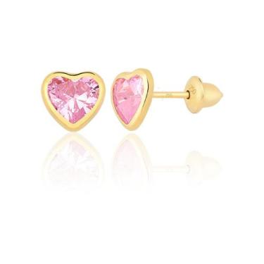 Imagem de Brinco de Ouro Coração 18K 750 com Pedra Zircônia de 5mm Rosa - Gift P