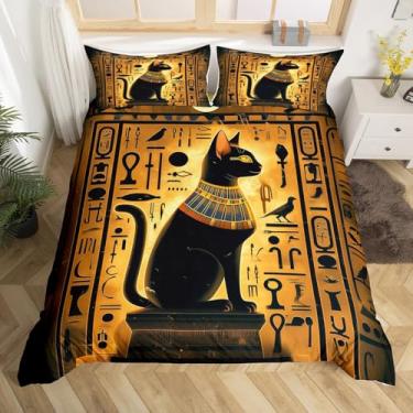 Imagem de Capa de edredom da civilização egípcia, estampa de gato do Egito Antigo, conjunto de cama de gato preto antigo, hieróglifos vintage, exótico, para quarto de meninos, meninas, adolescentes e adultos