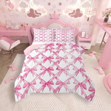 Imagem de jejeloiu Conjunto de cama casal com laço de aquarela, para meninos, meninas, adolescentes, meninas, respirável, macio, leve, de microfibra, quadriculado, edredom