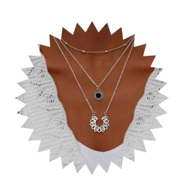 Imagem de TseanYi Colar tribal em camadas com flor de lótus, vintage, redondo, preto, pingente de flor oca, prata, étnico, vazado, corrente de lótus, ioga, joias femininas