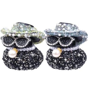 Imagem de MuMyer Ornamentos de carro de pato de borracha com strass, 2 peças engraçadas de patos de diamante, decoração de painel de carro, acessórios de pato com mini chapéu de cowboy brilhante colar e óculos