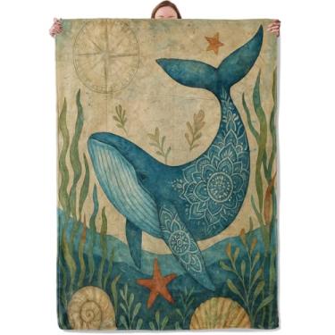 Imagem de Cobertor de baleia boho, presentes para mulheres, meninas, crianças, macio, quente, flanela, mandala, azul, oceano subaquático, cobertores para quarto, sala de estar, casa, sofá, decoração de