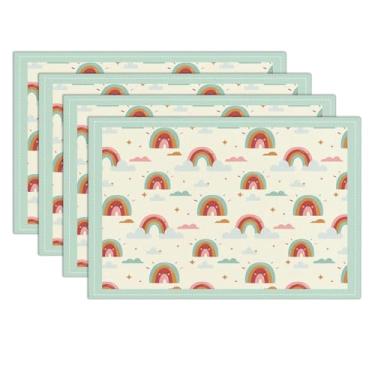 Imagem de Conjunto de 4 tapetes de mesa de nuvem arco-íris fofos à prova d'água, jogo americano lavável, tapetes antiderrapantes resistentes ao calor para decoração interna e externa, decoração de jantar de