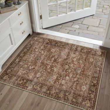 Imagem de HUGEAR Tapete pequeno de 5 x 7 cm, lavável à máquina, tijolo, vermelho, tapete de entrada, tapete de entrada para interior, tapete floral, de pelo baixo, tapete envelhecido, para cozinha, quarto