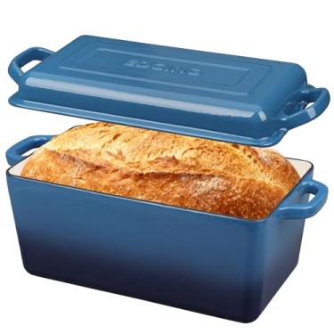 Imagem de EDGING CASTING Forno holandês de ferro fundido esmaltado, forno de pão oblongo para assar pão de fermento, assadeira, alças duplas, seguro para forno, 4 quartos, azul lago