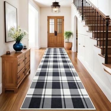 Imagem de AROGAN Tapete de juta xadrez para corredor, tapete lavável de corredor de cozinha de 6 x 20 cm, tapetes geométricos longos com design de casa de fazenda para entrada, lavanderia interna, tapete de