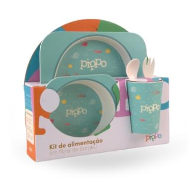 Imagem de Kit Alimentação Prato Tijela Garfo Colher e Copo Infantil Bebe 5 Peças Em Fibra De Bambu Sem BPA | Pippo (Fundo do Mar)