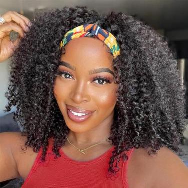 Imagem de Peruca com faixa de cabeça XSY Kinky Curly 40cm Cabelo humano 150% de 