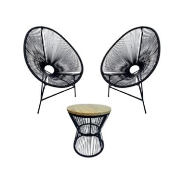 Imagem de Kit 2 Cadeira Mesa Ampulheta Madeira Ou Vidro Área Externa Sala Fibra Sintética (Preto,Madeira)