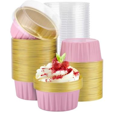 Imagem de EUSOAR Forros de cupcake, 100 peças de 142 g Creme Brulee Ramekins descartáveis com tampas, recipientes de sobremesa, mini formas de cheesecake seguras para forno, copos de folha de alumínio para