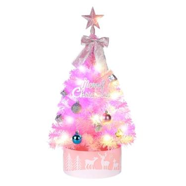 Imagem de Árvore de Natal pequena de 60 cm com luzes, árvores de Natal rosa com laços, bolas, topo de estrela, decoração de Natal de mesa para casa, escritório, festa, decorações internas (bateria não incluída)