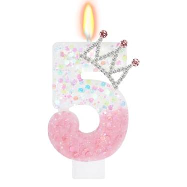 Imagem de ElekFX Vela número 5 rosa e branca, topo de bolo com coroa de glitter, decorações de festa de aniversário de princesa para meninas e mulheres, lembrancinhas de festa de aniversário