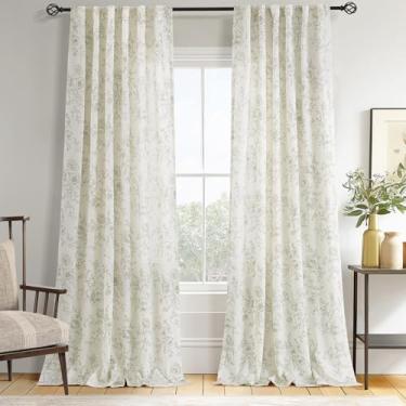 Imagem de Cortinas curtas florais verdes 254 cm de comprimento, aba traseira, cortinas de filtragem de luz para sala de estar, estampa verde em creme e branco, cortina de linho minimalista, estilo esboço