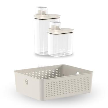 Imagem de Kit Lavanderia Dispenser 1,5L e 2,3L + Cesto 5,4L Cesto Organizador Porta Sabão Líquido Pó Amaciante (BEGE)