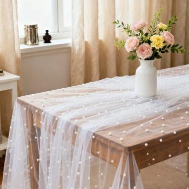 Imagem de Klmnop 2 peças de caminhos de mesa de pérolas de 3,5 m, 152 x 300 cm, tecido de tule branco, renda, sobremesa, toalha de mesa, véu, decoração em arco para casamento, chá de bebê, festa de aniversário