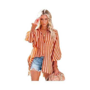 Imagem de Camisa Feminina Listrada De Manga Longa Slim Fit Para Verão E Primaver