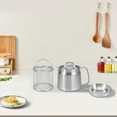 Imagem de Pote de filtro de óleo, lata de armazenamento de óleo de capacidade com tampa de filtro e cesta de fritura Filtro de óleo de aço inoxidável 304 multifuncional pote de filtro de óleo para