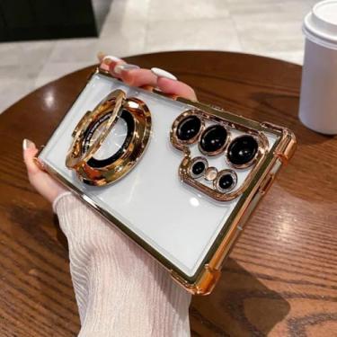 Imagem de Capa transparente com suporte magnético revestido para Samsung Galaxy S25 Edge Fe S24 23 22 21 Plus Ultra A17 07 56 36 26 16 06 Capa à prova de choque (para Galaxy S22 5G/dourado)