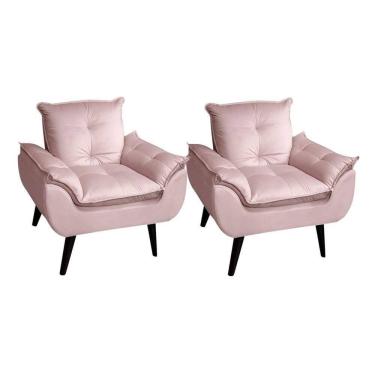 Imagem de Kit 02 Poltrona/cadeira Decorativa Glamour Opala Com Pés Quadrado Veludo Rosa Nude