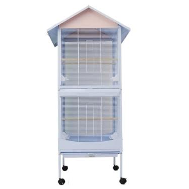 Imagem de Gaiola de pássaro em forma de casa com várias camadas com bandejas retráteis, rodízios, vários pássaros pequenos, ninho de pássaro