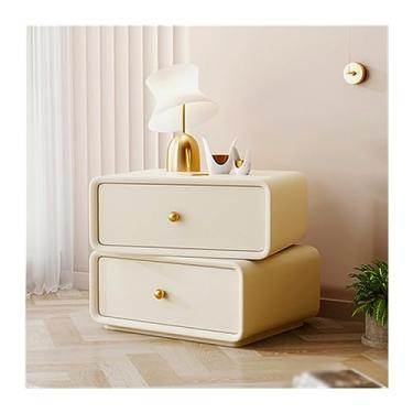 Imagem de Mesa de cabeceira totalmente de madeira maciça com gavetas duplas giratórias de cabeceira mesa de cabeceira moderna simples cor sólida móveis de cabeceira quarto mesa de cabeceira de canto redondo