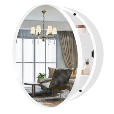 Imagem de Armário de remédios redondo de 66 cm com espelho, armário de remédios de banheiro branco para parede com moldura de metal, armário de armazenamento circular apenas para montagem em superfície com