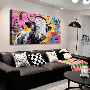 Imagem de JLXART Arte de parede em tela grafite vaca decoração de parede imagem engraçada animal ouvir música pintura pôster colorido para sala de estar quarto decoração de escritório em casa 50,8 x 101,6 cm