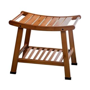 Imagem de Kuabner Banco de chuveiro de bambu com rack de armazenamento, assento de banho impermeável para idosos de todas as idades, banheiro de spa - design antiderrapante 48 x 35 x 43 cm (cor nogueira)