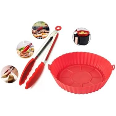 Imagem de Kit Forma de Silicone Redonda 16cm para Air Fryer e Pegador 21cm Protetor Antiaderente Reutilizável Com Alça Para Fritadeira Elétrica fornos e microondas Resistente ao Calor Fácil Limpeza Cor Sortida