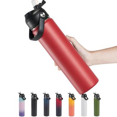 Imagem de Garrafa de água isolada de aço inoxidável de 680 g, vácuo de parede dupla de boca larga, canudo de silicone, à prova de suor e vazamento, frasco de água isolado sem BPA para viagens, mantenha frio 24h