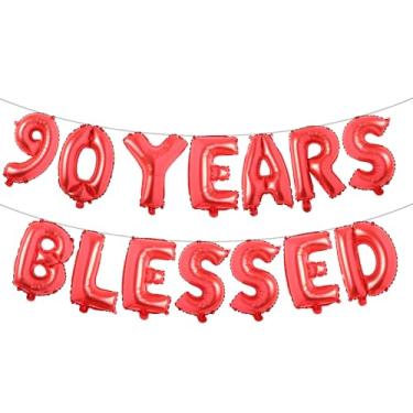 Imagem de 90 Years Blessed Banner de balão multicolorido com glitter, decorações de festa de aniversário de 90 anos/casamentos, cenários de sinalização (90 YEARS BLESSED Red)