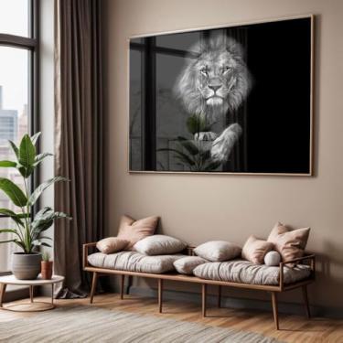 Imagem de Quadro com Moldura e Acrilico Cristal Vidro Sala Quarto Leão Preto e Branco Decorativo Horizontal Grande Hall