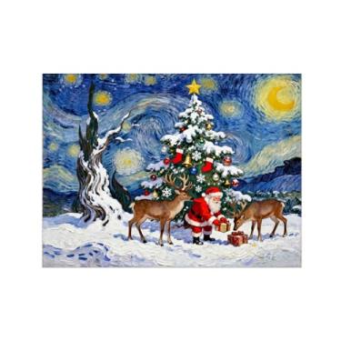 Imagem de Pinturas em tela Natal-Quadros decoração parede-Cervo pinheiro estrelados-Impressões paisagens para sala de estar 60x80cm Sem Moldura