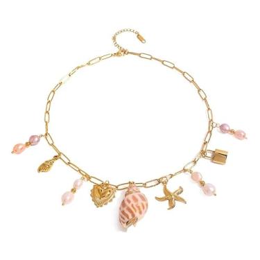 Imagem de Colar Buzios Aço Inoxidável Dourado Concha Espiral Estrela Mar Pérola-Gargantilha Choker Aço Cirúrgico 18K Pingente Coração Cadeado Corrente-Colar Presente Praia Praiano Viagem Verão Festa