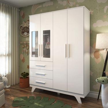 Imagem de Guarda-Roupa de Bebê Retrô 4 Portas 3 Gavetas 100% Mdf Branco Brilho - Móveis Peroba