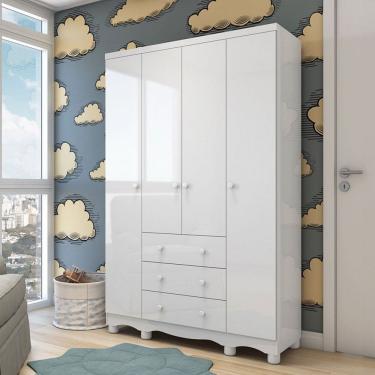 Imagem de Guarda-Roupa de Bebê Júnior New 4 Portas 3 Gavetas 100% Mdf Branco Brilho - Móveis Peroba