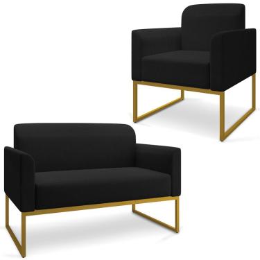 Imagem de Conjunto Namoradeira e Poltrona Decorativa Isabella Base Industrial Linho Preto/Dourado - Gran Belo