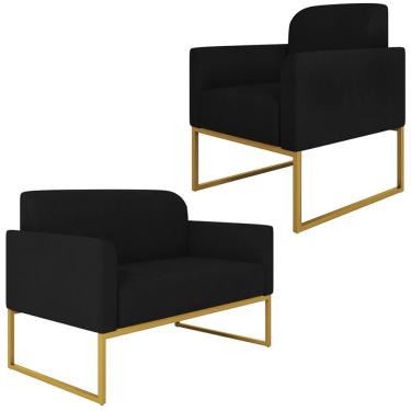 Imagem de Conjunto Namoradeira e Poltrona Decorativa Isabella Base Industrial Suede Preto/Dourado - Gran Belo