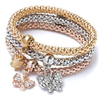 Imagem de 3 pulseiras femininas de várias camadas com pingente de coração de diamante empilhado árvore da vida coração pulseira elástica, Butterfly, Liga de aço, Sem Pedra Preciosa
