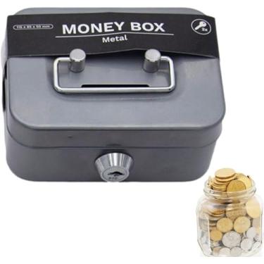 Imagem de Caixa de dinheiro com chave, pequena caixa segura com alça portátil, gaveta de dinheiro, mini bandeja de dinheiro de 11,4 cm x 8,6 cm x 5,8 cm com compartimento, caixa de segurança de metal para