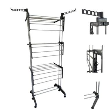 Imagem de Varal de Chão Dobrável com 3 Andares, Cabideiro e Bandejas,Rack de Secagem Preto