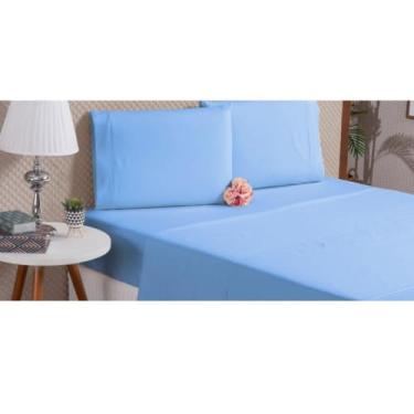 Imagem de Jogo de Lençol Percal 200 Fios 2 e 3 Peças Solteiro Casal Queen King Elástico Fronhas com Ponto Palito (Azul, Queen)