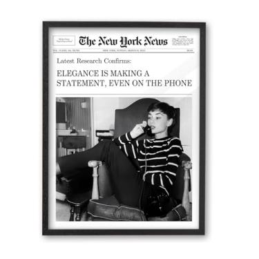 Imagem de iHery Arte de parede emoldurada de jornal Audrey Hepburn de madeira de carvalho preto natural de 30,5 x 40,6 cm, elegância moderna está fazendo uma declaração, mesmo no telefone, decoração de parede
