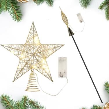 Imagem de Enfeite de árvore de estrela de LED de 22 cm – Enfeite de árvore de Natal de metal dourado, enfeites de estrela oca com glitter iluminado com glitter e suporte estabilizador de topo de árvore para