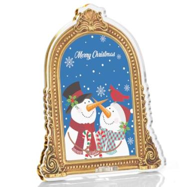 Imagem de Decoração de mesa de Natal para casais de bonecos de neve - placa central de acrílico de boneco de neve de inverno fofo para decoração de casa e prateleira de mesa