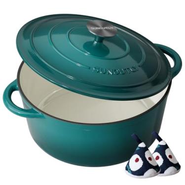 Imagem de Forno holandês de ferro fundido esmaltado - pote de 6 litros com tampa livro de receitas e pegadores de panela de algodão