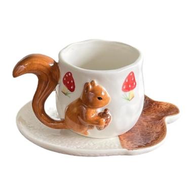 Imagem de WAIT FLY Conjunto de canecas de café de cerâmica de esquilo e cogumelo 3D com pires de bolota, xícara de chá, xícara de café da manhã, prato de sobremesa