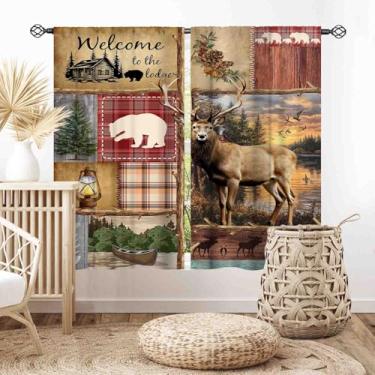 Imagem de Cortinas de cabine, casa de fazenda rústica, retrô, urso, veado, alce, alce, caça, animais selvagens, bosque, campo, vintage, blackout para janela, tratamentos para quarto, sala de estar, cozinha